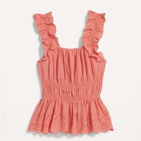 NWT! Sleeveless Waist-Defined Ruffle-Trim Embroidered Babydoll Blouse - Medium 🤎 - Picture 4 of 7